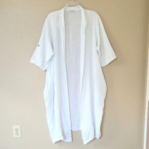 Made In Italy Womens White Linen Open Front Long Cardigan Beach Coastal Breezy
